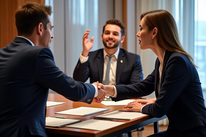 Sophisticated negotiation table scene with a focused real estate agent guiding clients, symbolizing expert negotiation and closing support