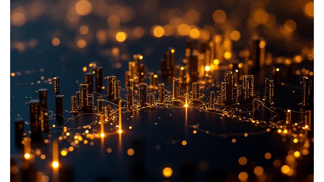 Panoramic view of Los Angeles skyline at dusk, with abstract glowing lines connecting iconic luxury properties, symbolizing off-market network access