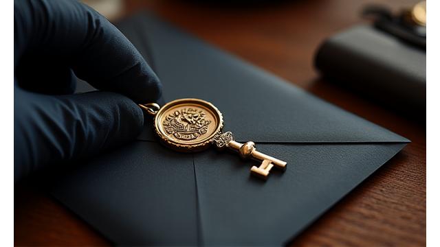 Gloved hand holding a key and a discreet envelope with a golden seal, symbolizing private seller exclusive listings and confidentiality