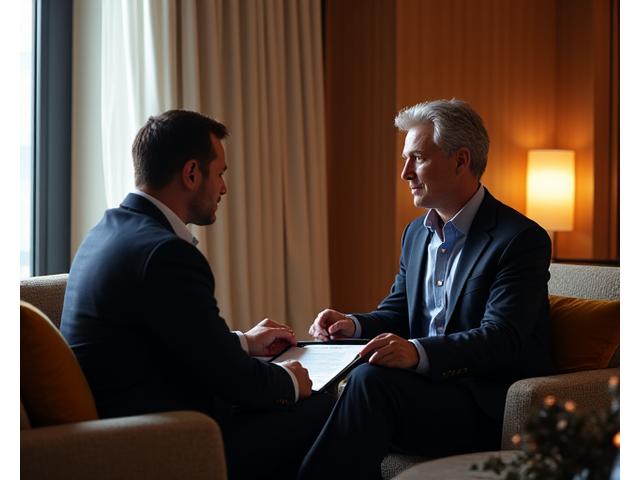 Real estate agent in a confidential discussion with a high-profile client