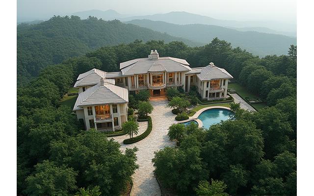 Vast compound estate with multiple buildings and lush landscaping