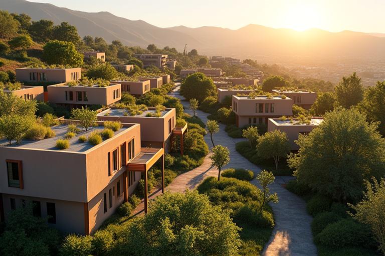 Lush, green, modern eco-community in Los Angeles with electric vehicle charging stations and open green spaces.