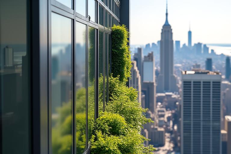 High-rise sustainable luxury apartment building in New York City with rooftop gardens and vertical farms.