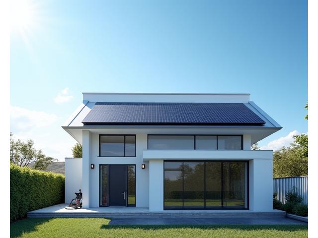 Modern home with integrated rooftop solar panels glistening in the sunlight.