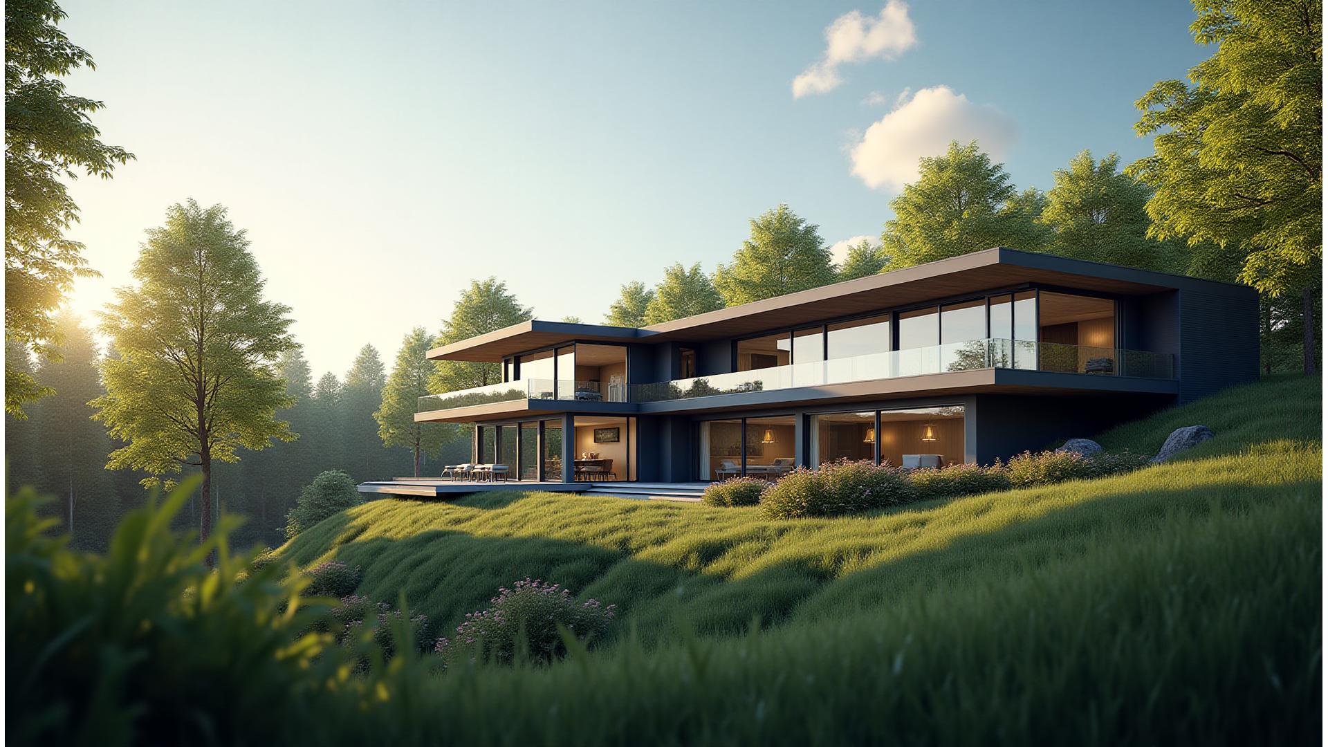 Stunning modern home with solar panels, surrounded by lush green landscaping under a clear sky.