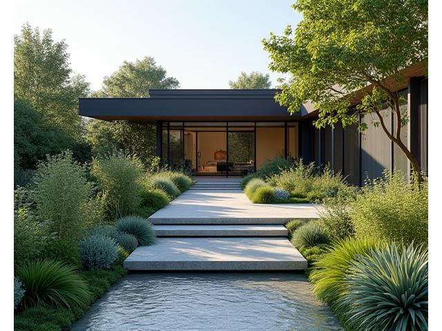 Illustration of a home with a rainwater harvesting system and green plants.