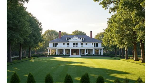 Elegant Hamptons luxury compound with manicured lawns and private access.