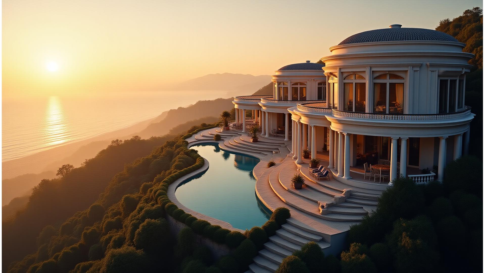 Panoramic view of a sprawling luxury estate with infinity pool overlooking a sunset, embodying ultimate privacy and grandeur.