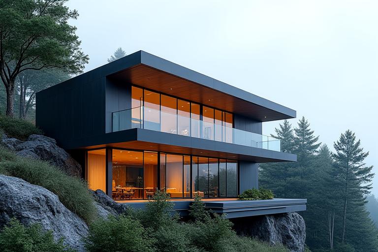 Striking modern home with clean lines, large glass panels, and seamless indoor-outdoor design.