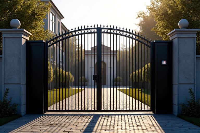 Imposing secure estate gate with sophisticated surveillance cameras, conveying high-level privacy and security.