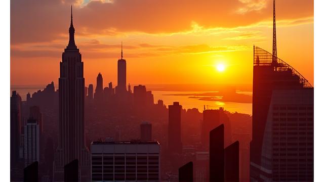 New York City skyline at sunset, representing market growth