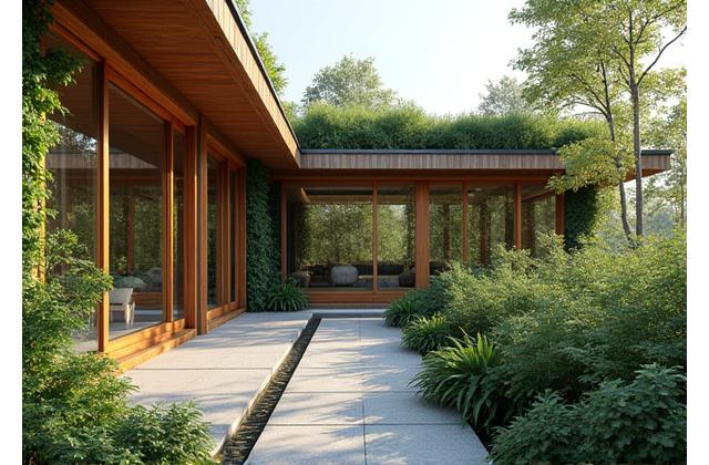 Lush garden with sustainable modern architecture