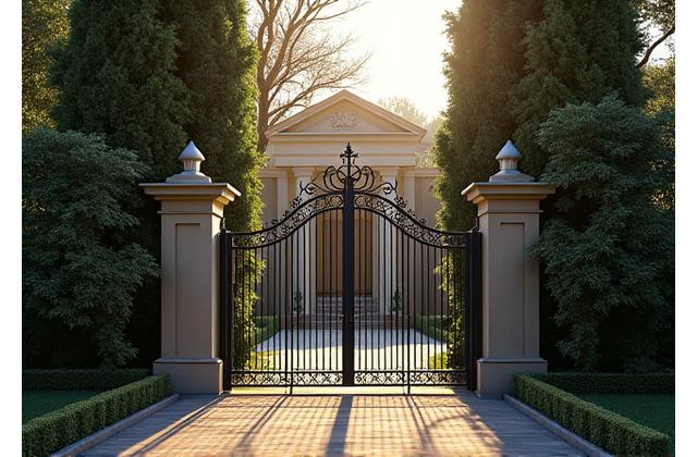 Private gated estate entrance surrounded by trees