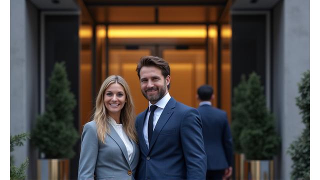 Happy couple in front of their new New York City apartment