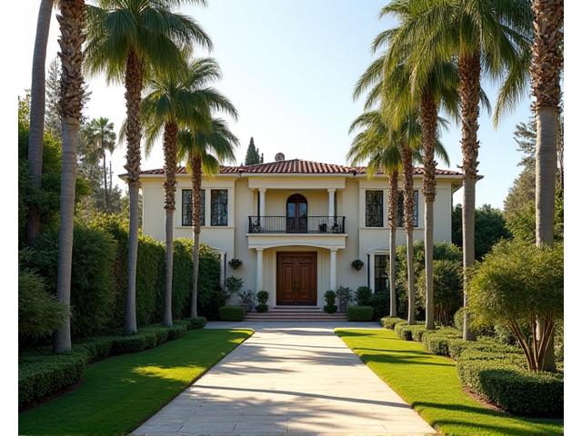 Stately mansion in Beverly Hills at sunset