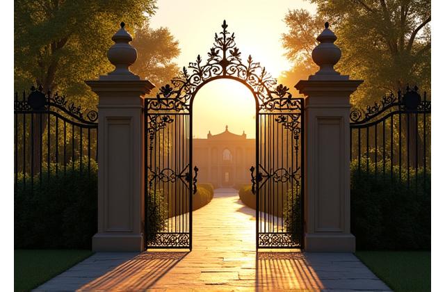 Gated estate entrance at golden hour