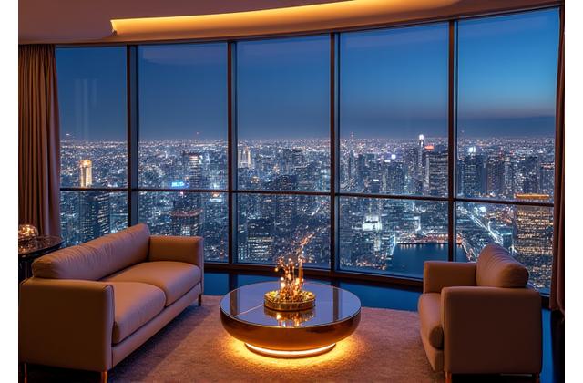 Modern penthouse interior with city skyline view
