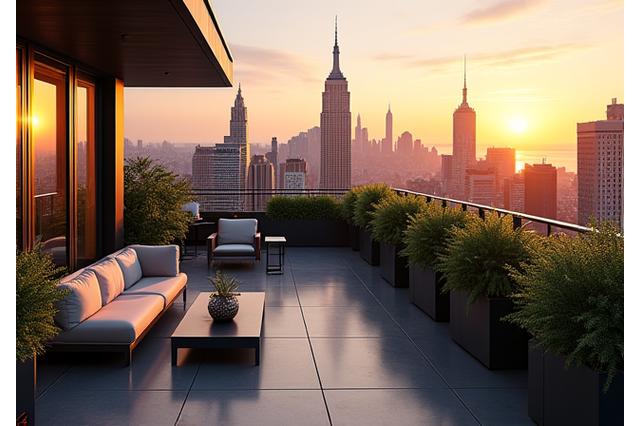 Luxurious penthouse terrace with Manhattan skyline view