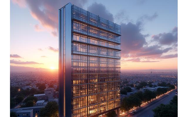 Architectural rendering of a sleek, modern luxury condo building dominating the Los Angeles skyline at dusk.