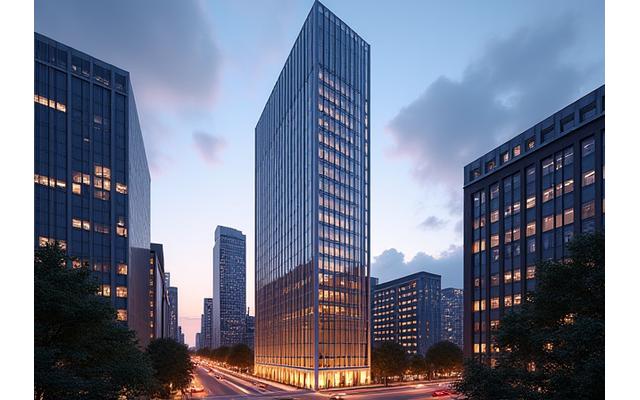 Sophisticated architectural rendering of a new high-rise luxury apartment building in Manhattan, New York, with sleek glass facades and urban integration.
