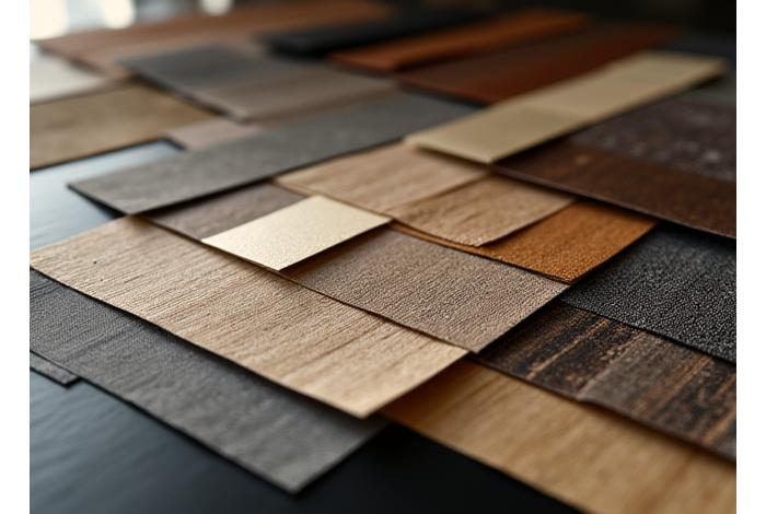 Close-up view of luxurious interior design material swatches including fine wood, marble, metallic accents, and textile samples, representing customization options for a new home.