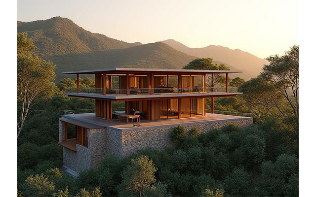 Eco-friendly, modern luxury villa architectural rendering nestled in a green, serene landscape, with large windows and integrated nature elements.