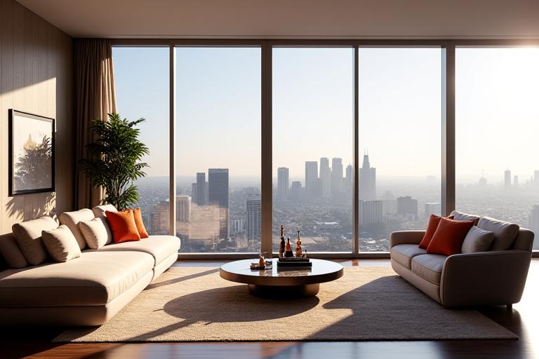 Spacious living room of a luxury penthouse with floor-to-ceiling windows and stunning city views