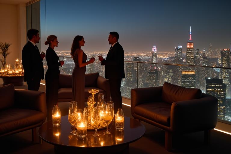 Sophisticated couple entertaining guests on a penthouse terrace overlooking a city at night
