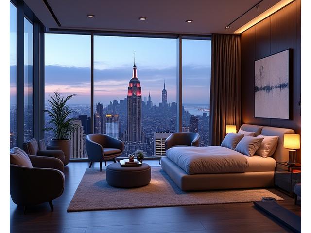 Manhattan skyline with a luxurious penthouse at dusk
