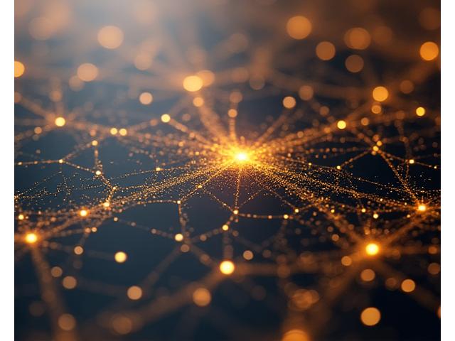Abstract pattern of intertwined golden and silver digital lines, representing data encryption and secure connections, with subtle nodes of light.