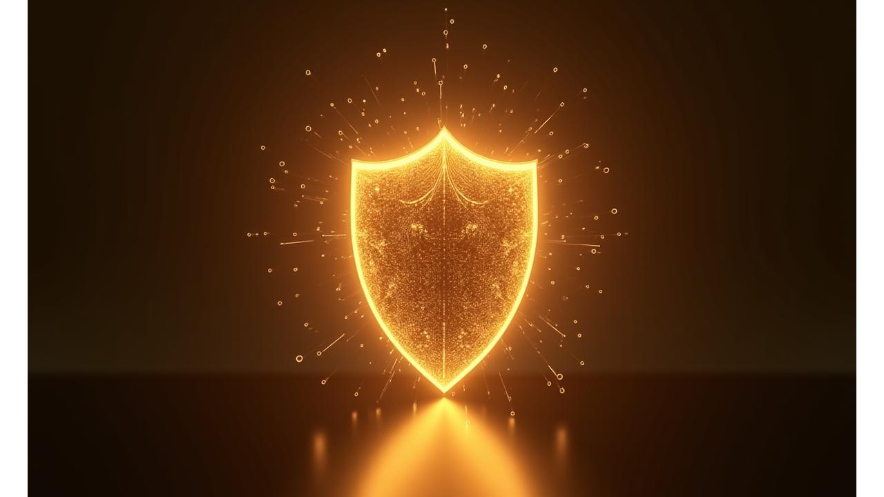 Abstract depiction of data security with a golden shield intertwined with digital lines, representing privacy protection.