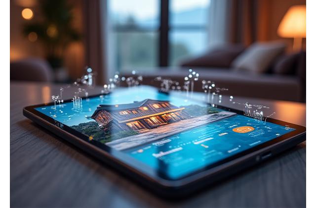 Stylized tablet displaying a luxury real estate website with social media icons, overlaid on a blurred background of a modern home interior