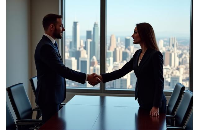 Two diverse business people shaking hands in a modern, elegant office building with a city skyline in the background, symbolizing global connections