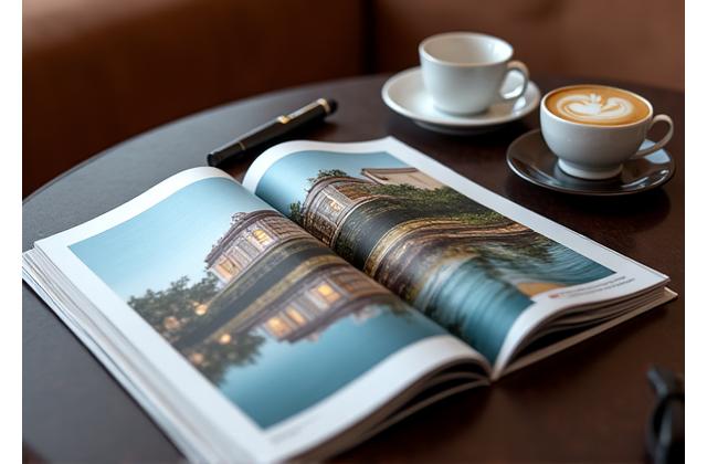 Open luxury real estate magazine on a coffee table next to a coffee cup, showcasing a beautiful property listing spread