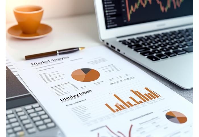 A detailed market analysis report spread out on a sophisticated desk with charts and graphs, next to a calculator and a pen
