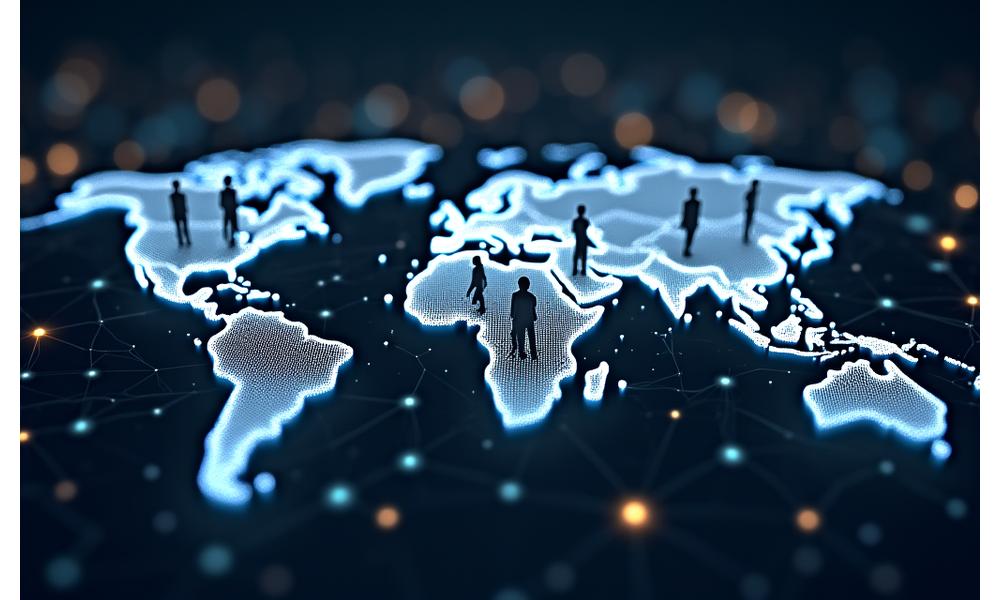 Illustration of a global network of interconnected people and buildings, signifying international real estate connections