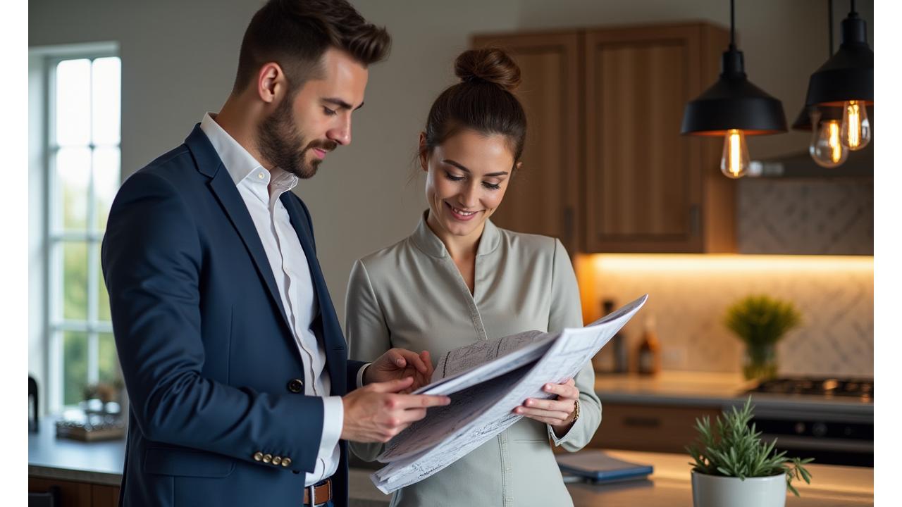 Interior designer consulting with homeowner in a modern kitchen, discussing staging options