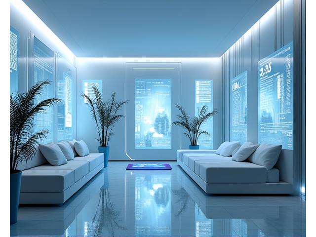 Futuristic smart home interface with holographic controls and sophisticated architecture