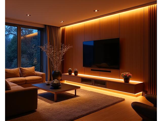 Smart lighting setup with ambient music in a luxurious living room