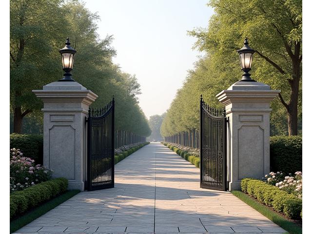 Exclusive gated community entrance with lush landscaping and elegant stone pillars
