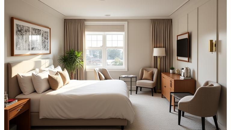 Elegant guest house interior with comfortable bed and seating area