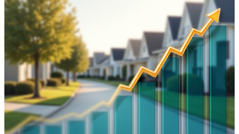 Upward trending financial graph overlaid on a suburban residential street