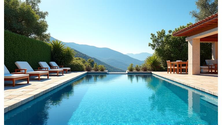 Resort-style infinity pool with panoramic views and lounge chairs
