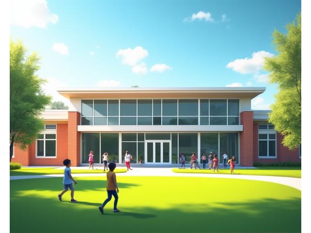 A modern, inviting school building with children playing safely outside