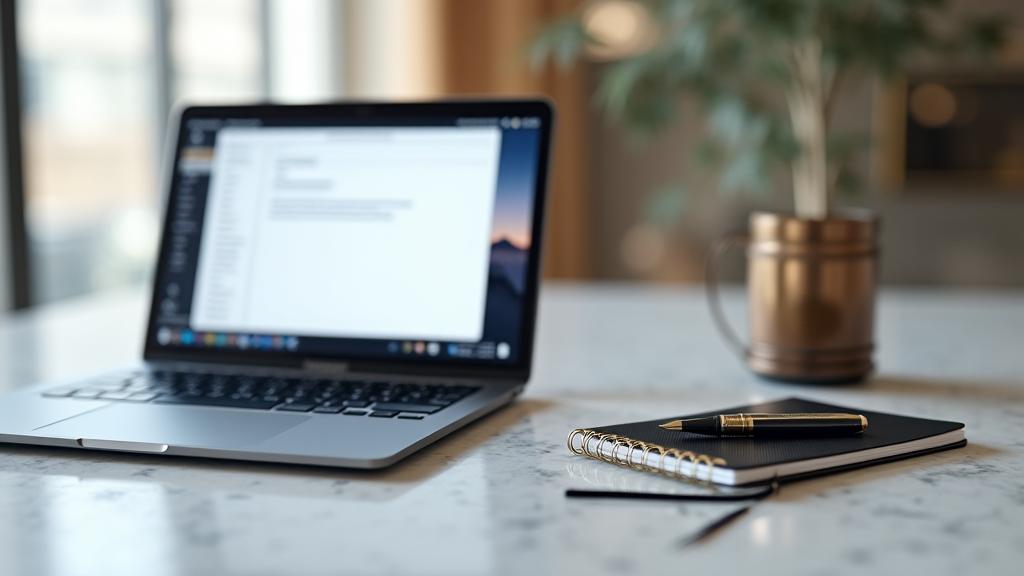 A neat desk with a laptop displaying an email interface, a pen, and a subtle legal book, symbolizing clear communication and resolution. Professional and approachable.