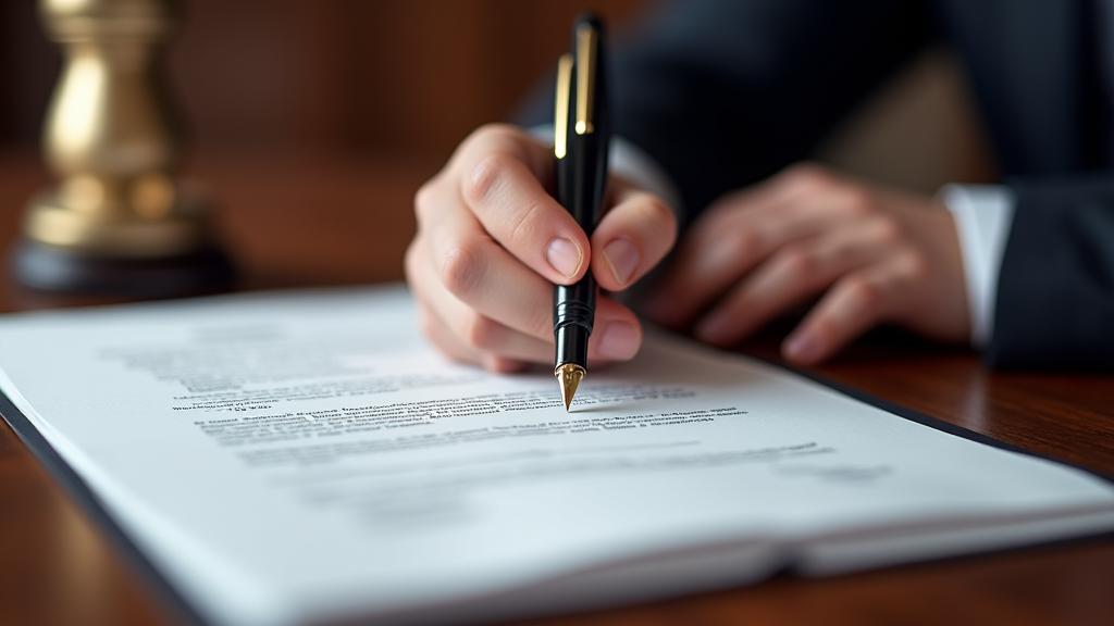 A close-up of a hand with a pen about to sign a legal document on a polished wooden desk, symbolizing agreement and understanding.