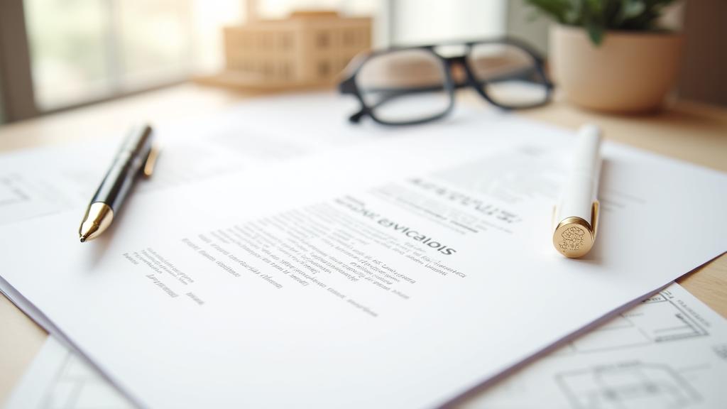 A focused image of a modern, high-end real estate contract being reviewed, with elegant pens and a subtle building silhouette in the background. Emphasizes detail and trust.