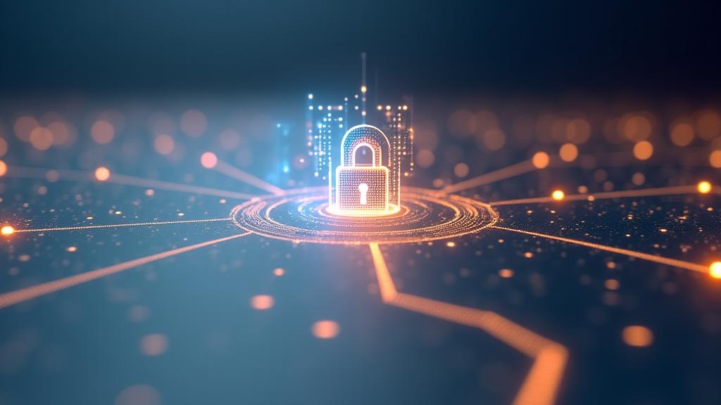 A stylized, abstract depiction of secure digital data streams flowing through a network, representing website security and data integrity. Modern, clean design.
